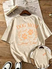 1pcs Women's Vintage Washed Soft Anime & Dog Mom Graphic T-Shirt,Paw Print & Social Lettering, Pet Lover Top-Back To School Shirt - 杏色 - 查看 8