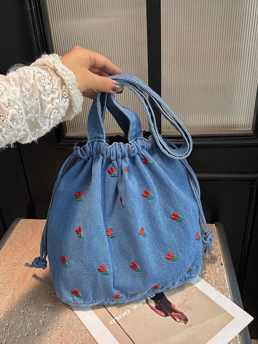 Túi đeo vai kiểu xô bằng vải denim thêu hoa, túi tote vải bố dung tích lớn dành cho học sinh.