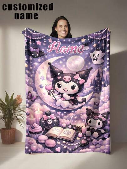 SANRIO 1 Peça Manta Personalizada com Padrão de Desenho Animado, Pode Personalizar com Nome Pessoal, Impressa com Design de Desenho Animado Fofo, Macia e Confortável, Lavável em Máquina, Almofada de Tecido de Poliéster Impresso Digitalmente, Adequada para Sofá, Cama, Viagem, Acampamento, Sala de Estar, Escritório, Assento - Presente Ideal para Família e Amigos