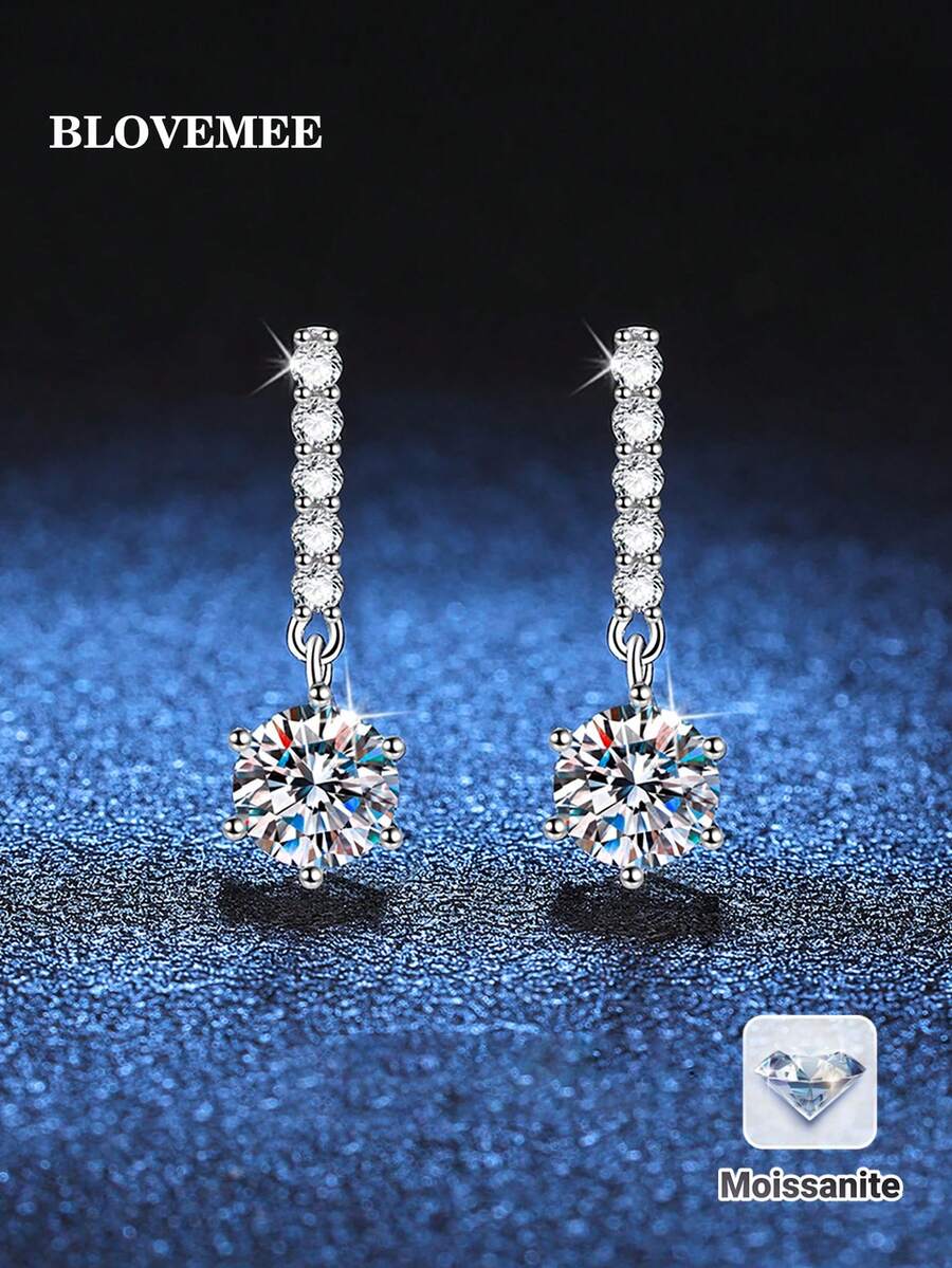 BLOVEMEE Bộ 2 bông tai bạc 925 cao cấp đính 2 viên đá Moissanite 1 carat, thích hợp cho nữ giới đeo hàng ngày, dự tiệc, lễ hội, Ngày Valentine, Ngày của Mẹ, sinh nhật, kỷ niệm ngày cưới, làm quà tặng trang sức. - Bạc - Xem 1