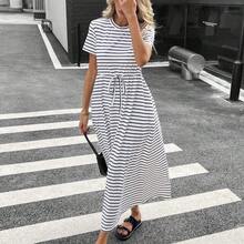 Women Striped Round Neck Short Sleeve Drawstring Waist Pocket Casual Mid-Length Dress,Summer Dresses For Women Vacation Holiday Resort - Multicolor - Ver 7