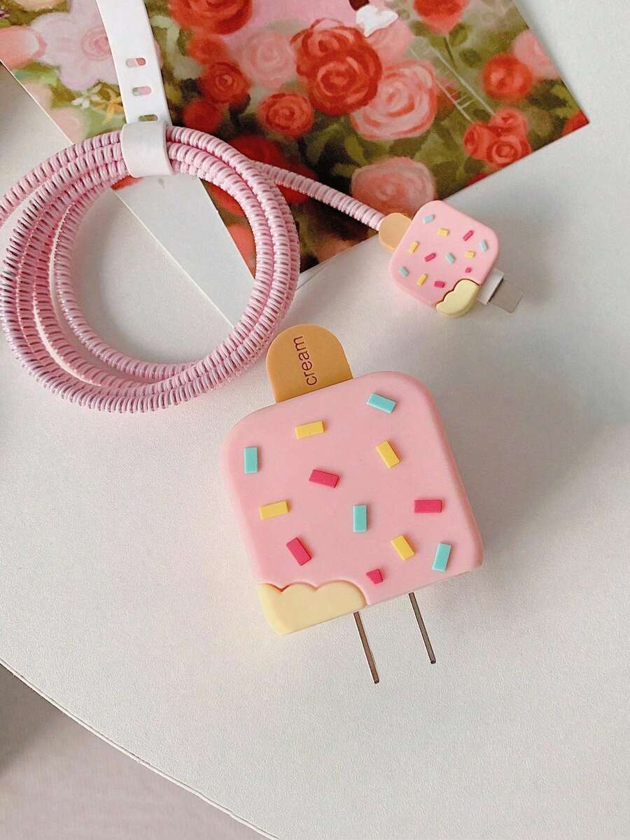 4pcs Ice Cream Shaped Charger Protector Case & Spiral Data Cable Protector Set - Multicolor - View 1