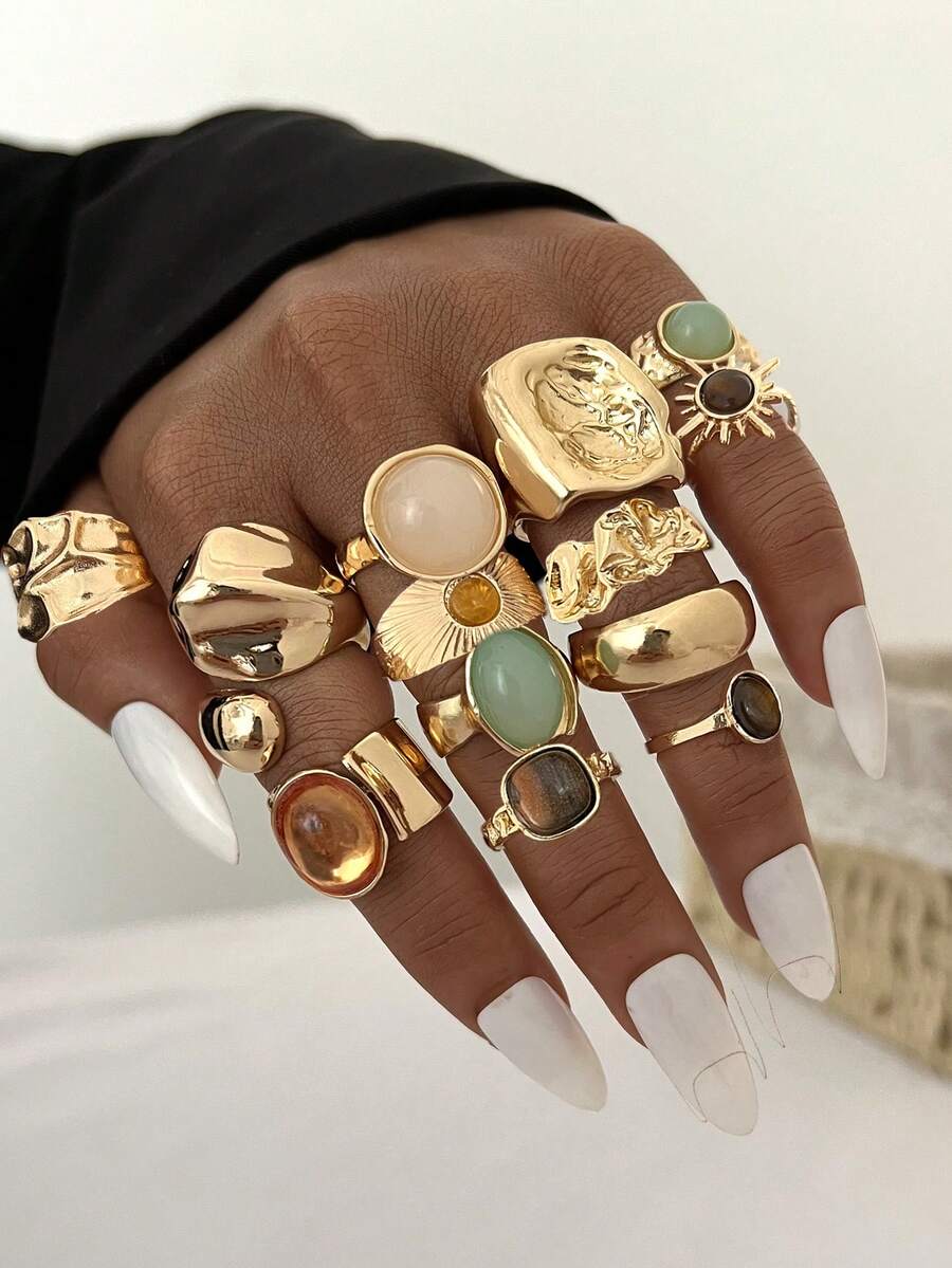 13/6/20pcs Cincin Logam Batu Permata Mata Harimau Berwarna-warni Gaya Bohemian Elegan Vintage untuk Wanita, Cocok untuk Pemakaian Sehari-hari, Pesta, Liburan, Kencan, Cincin Emas Wanita yang Dapat Ditumpuk - Emas - View 1