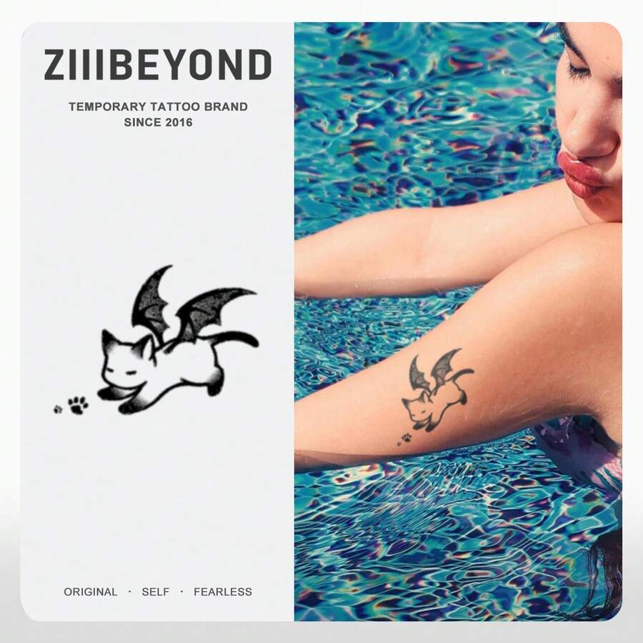 1pc Bat Cat Herbaceous Style Temporary Tattoo Stickers, Korean Y2K Vibe, Water-Resistant & Sweat-Proof, Non-Reflective - Black - View 1