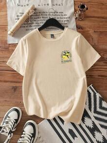 1 Pieza de Moda Casual para Hombres y Mujeres. Camiseta casual de manga corta para mujer , 34% algodón, con estampado de langosta y hawaiano, adecuada para conjuntos de verano y uso diario. Versátil, fácil de combinar, para uso diario, estilo urbano, ropa de vacaciones, ropa de fin de semana. - Albaricoque - Ver 3