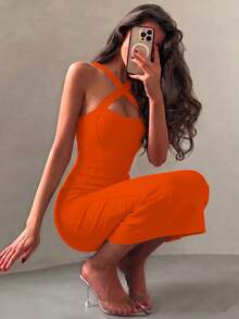 Đầm cúp ngực màu cam gợi cảm, dáng dài ngang gối, ôm sát, thanh lịch, thích hợp cho nữ giới, trang phục mùa hè dự tiệc cưới. - trái cam - Xem 4