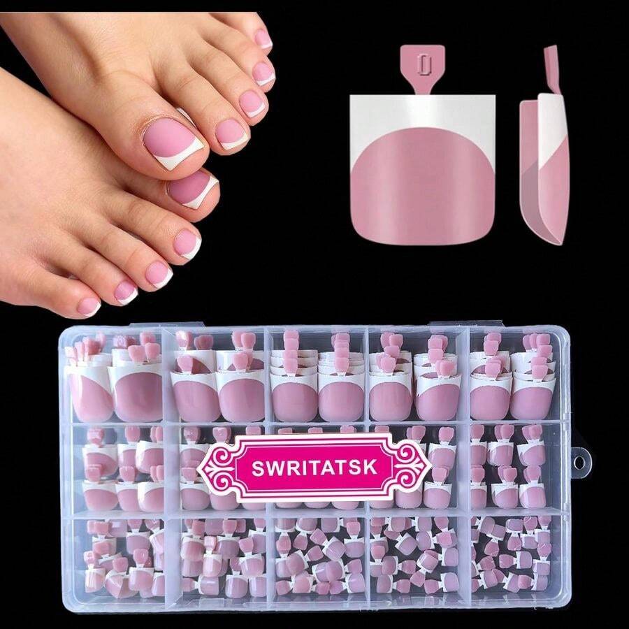 Toe Nail Press Ons Toenails, French Tip Toe Press On Nails, 180 Pcs Square Toe Nail Tips, Toe Nails Press On Toenails For Women, Thick Fake Toenails, Valentines Gifts For Women 15 Sizes - 180 片方形白色法式粉紅底座 - 查看 1