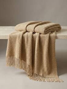 1pc Solid Color Knitted Throw Blanket With Tassels, Soft Textured Woven Blanket For Couch Sofa Bed Living Room Home Decor - YU Khaki - View 11