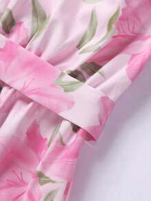 Vestido midi con cuello con volantes y estampado floral elegante para mujer, conjunto de vestidos de verano elegantes para mujer - Rosa Pálido - Ver 5
