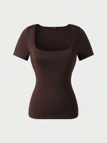 Blusa de manga corta y cuello redondo casual y elegante, adecuada para uso diario, ir al trabajo y salir, color negro para primavera/verano - Café integral - Ver 6