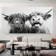 2D Plano, El Dúo de Vacas de las Tierras Altas Serias y Tontas en Blanco y 1 Regalos de San Valentín Decoraciones de Pascua, Decoraciones de Pared, Decoraciones de Habitación, Pósteres de Arte en Lienzo con Marco de Madera, Decoraciones para el Hogar, Decoraciones de Dormitorio, Decoraciones de - Enmarcado - Ver 3
