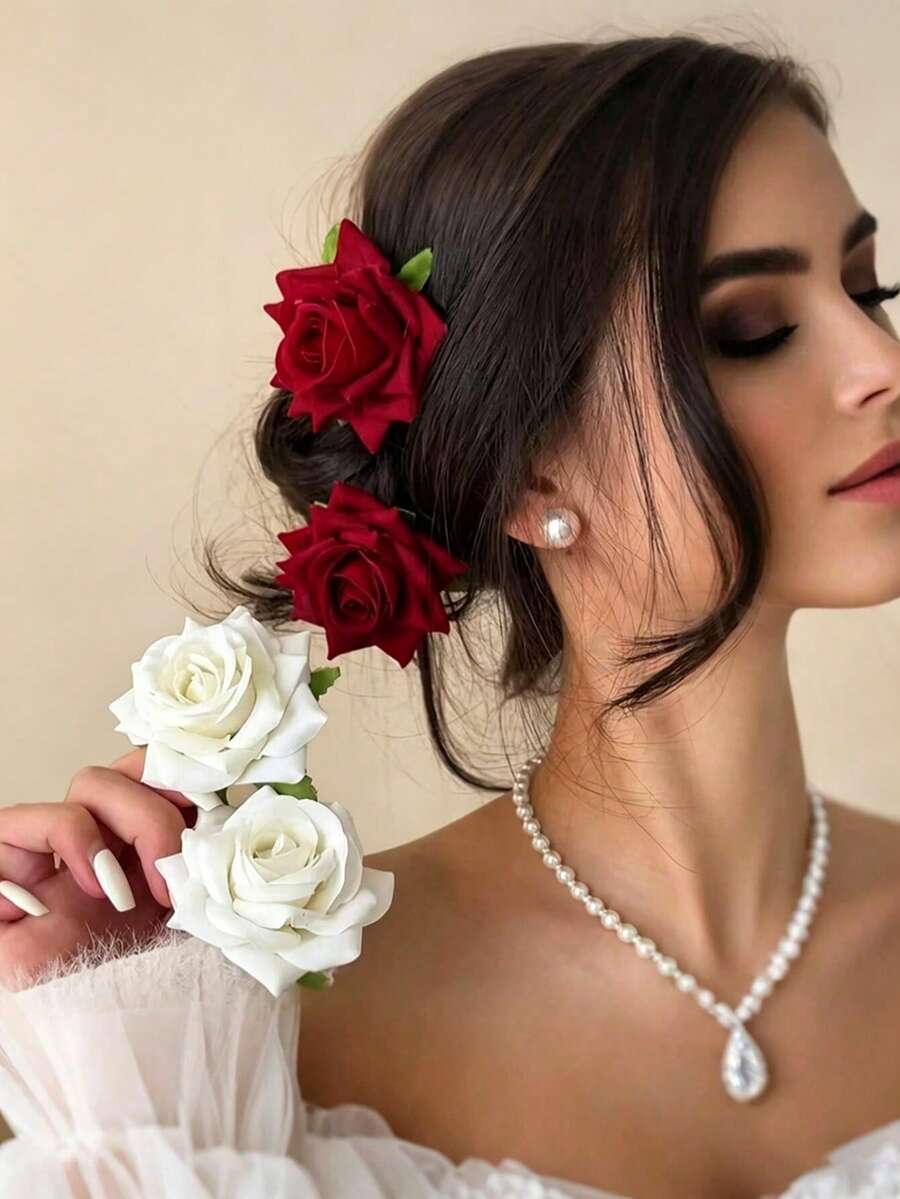 Elegante fermaglio per capelli a forma di rosa, accessorio per capelli floreale 3D realistico adatto a donne e ragazze, ideale per matrimoni, feste, balli flamenco, vacanze al mare, decorazione per capelli estiva, mollette - Rosso - Visualizzare 1