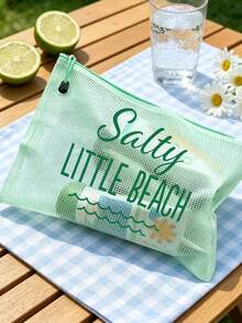 防水時尚沙灘包，印有「Salty Little Beach」海洋波浪圖案。大容量透明化妝包，尼龍拉鍊 - 輕量、春/夏收納，適合游泳、沙灘、潛水和夏季度假，學生返校，輕量防曬收納包，適合朋友、家人、閨蜜、同學。生日、節日、派對、婚禮（伴娘）、教師節、郵輪必備、夏季度假禮物的完美禮品和紀念品 - 彩色 - 查看 9