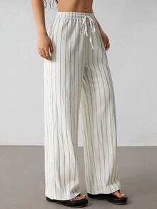 2026 Womens Multi-Color Striped Drawstring Waist Wide Leg Pants Casual Summer Trousers - 黑色 - 查看 5