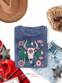 Summer Clothes1pc Purple Cow Skull Floral Cactus Graphic T - Shirt, Vintage Wash Cotton Crew Neck Short Sleeve, Super Soft Casual Daily Wear T - Shirt, Bohemian Western Eclectic Style Tee For Women MenLoose And Comfortablesummer Tops - 玫紅色 - 查看 11