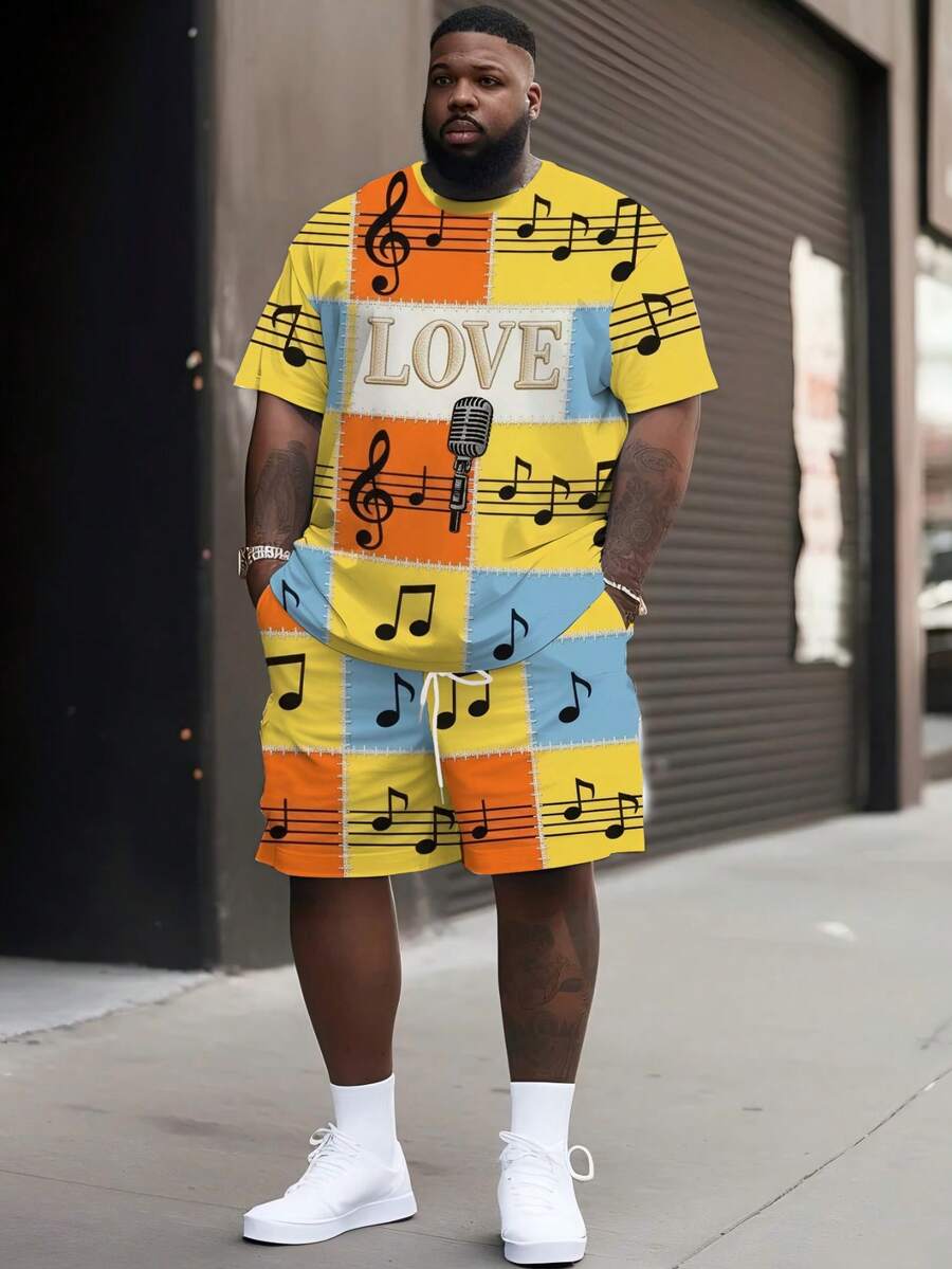 Ensemble T-shirt à manches courtes et short pour homme grande taille, imprimé notes de musique blocs de couleurs, coupe ample et dynamique. - Multicolore - Voir 1