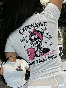 Women's Skull Print T-Shirt - An Avant-Garde Round-Neck Top Featuring A Butterfly And Star Pattern, With The Slogan "Expensive Talks Back," A Breathab - 灰色 - 查看 1