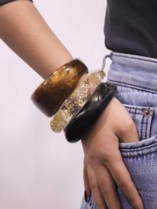 3pcs Black & Gold Acrylic Bracelet Set, Suitable For Daily Wear And Vacation - Black and Gold - View 3