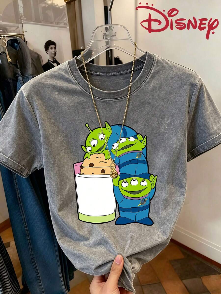 Disney Toy Story Three Eyed Boy Cartoon Printed Water Washed Cotton Round Neck Loose Short Sleeve T-Shirt, Y2K Style, Youthful Design, Suitable For Daily, Street, Outdoor, And Party Wearing. - 灰色 - 查看 1
