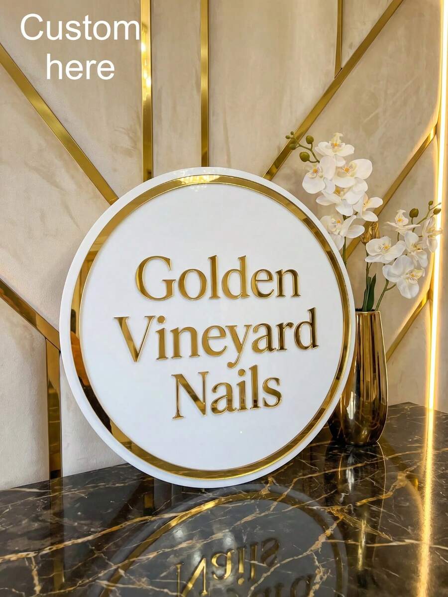 1 Biển hiệu kinh doanh hình tròn hiện đại bằng acrylic với khung vàng, trang trí tường logo tùy chỉnh cho tiệm làm móng, nối mi & lông mày, biển hiệu trang trí cửa hàng làm đẹp cá nhân hóa. - Nhiều màu - Xem 1
