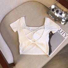 Purely Alluring Sexy Hot Girl Backless Short-Sleeve T-Shirt For Women With Built-In Chest Pads, Slim Fit, Flattering, Can Be Worn As An Outer Layer, Beautiful Back Top For Summer - Yellow - View 6