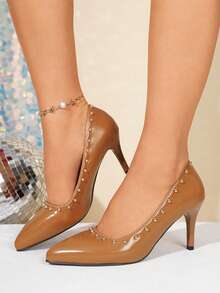 2026 New Spring/Autumn French Style Rivet Pointed Toe Thin High Heel Shoes, Low Vamp Platform Pumps, Versatile Commuter Shoes For Women - Brown - View 3