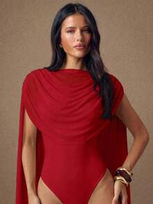 Body entero lujo sensual nueva  2026 cuello redondo espalda descubierta capa drapeada ceñido burdeos ideal para graduación, fiestas nocturnas, citas y eventos formales otoño invierno - Rojo - Ver 3