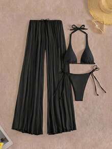 Solid Color Mesh Maxi Skirt Bikini 3-Piece Set With Halter Neck Deep V Swimwear, Triangle Bottoms, Suitable For Vacation, Casual, Elegant, Minimalist, Sexy Bohemian Backless Tie-Up Net Splice Holiday, Party, Beach, Vacation Pants Summer - 黑色 - 查看 4