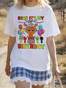 Camiseta de manga corta con cuello redondo suave y casual para mujer, estampado gráfico divertido de dibujos animados para cumpleaños, adecuada para fiestas. Negra. - Blanco - Ver 5