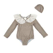 子供用水着 女の子用 ポリエステル製フリル襟 レトロチェック柄 長袖日焼け止めワンピース水着 温泉卸売 - ピンクのスイムキャップ[高級品] - チェックする 5