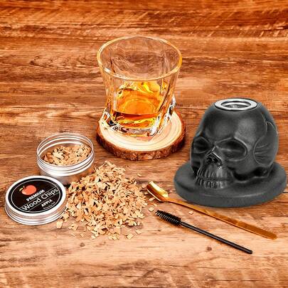 鸡尾酒烟熏套装，Anmyox威士忌烟熏器套装（带礼盒），波本威士忌男士套装，骷髅复古烟熏套装，适合送给朋友、丈夫、父亲（不含丁烷）