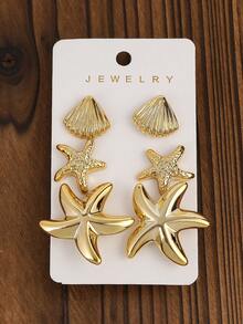 3pairs/6pairs Fashion Golden-Plated Starfish, Shell Earrings Set, Suitable For Summer Travel And Holiday Wear - Gold - View 3
