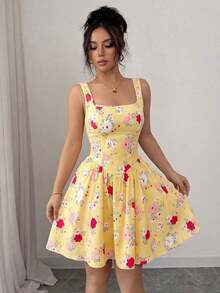 Vestido elegante y romántico para mujer con estampado floral, cuello cuadrado y cintura ceñida sin mangas - Multicolor 3 - Ver 4