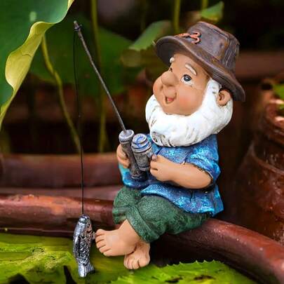 1pc Fishing Gnome Statue, Hand-Painted Resin Dwarf Sculpture, For Outdoor Garden, Micro Landscape Decor, Bonsai, Aquarium, Home Desk Ornament, Indoor And Outdoor Decor