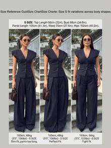 Conjunto de 2 piezas elegante para mujer de vacaciones de verano, conjunto de top blazer de mujer de moda sin mangas con cuello en V a rayas y pantalones anchos plisados, conjunto ligero de - Verde - Ver 6