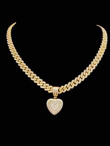 1 mặt dây chuyền hình trái tim đính đá Cubic Zirconia & dây chuyền kiểu Cuban 9mm, dây chuyền mặt hình trái tim phong cách Hip Hop dành cho nữ, dây chuyền mặt hình trái tim retro thời trang, phù hợp để đeo hàng ngày hoặc dự tiệc, quà tặng ngày Valentine. - Vàng - Xem 12