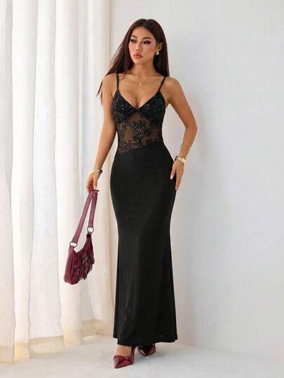 Đầm hai dây phối lưới đính sequin dành cho nữ, thích hợp cho buổi hẹn hò tối, sinh nhật, lễ tốt nghiệp.