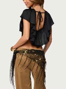 Blusa corta con volantes para mujer, moderna, de color liso, con ribete de encaje y lazo en la espalda, con cuello en V - Negro - Ver 2