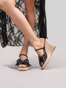 Giày sandal đế xuồng buộc dây nơ, họa tiết chấm bi, dép lê hở mũi đế dày thoải mái cho kỳ nghỉ hè, giày thời trang hàng ngày cho nữ. - màu đen - Xem 8