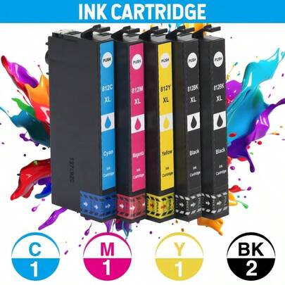 5 Pack 812XL Ink Cartridges For Epso N WorkForce Pro WF-3820, WF-3825, WF-4830, WF-4835, WF-7830, WF-7840, WF-7845, Including 1C1M1Y2BK
