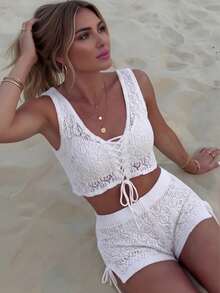 White Crochet Knit 2pcs Set, Cropped Top + Drawstring Shorts, Bohemian Style Summer Beach Cover-Up Vacation - White - View 8