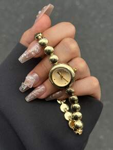 1pc Square Bamboo Quartz Watch In Gold/Silver Color, Suitable For Daily Wear And Perfect As Birthday/Christmas Gift - Gold - View 8