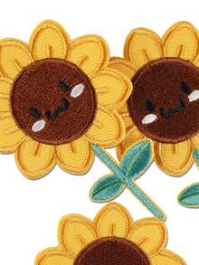 3 piezas de parches de tela bordados con girasoles tímidos, estilo de dibujos animados de poliéster para planchar/coser, adecuados para manualidades DIY, ropa, bolsos, zapatos, cortinas, sombreros, accesorios de decoración del hogar - 3 piezas de flores tímidas - Ver 3