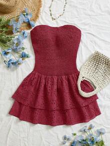 Vestido elegante de estilo de vacaciones con pliegues, sin mangas, tubo, cintura ceñida, hueco, bordado y volantes en el bajo en color azul marino - Burdeos - Ver 12