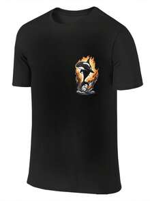 Unisex Vibrant Fire Orca Surfing On Dark Waves Classic Cotton T-Shirt For Men Women, Casual Short Sleeve Tee Tops, Lightweight & Soft Everyday Wear Cosplay Costume - Black - View 3