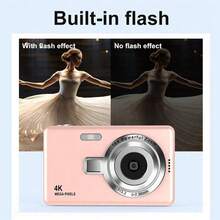Câmera Digital 4K, Zoom Óptico 16X, Tela HD 2,4", Vídeo em Pixel, Câmera Digital Compacta Criativa, Câmera CCD, Adequada para Iniciantes, Adolescentes e Adultos, Adesivo de Cristal DIY Grátis - Adesivo Q12 Rosa + Cristal - Visão 4
