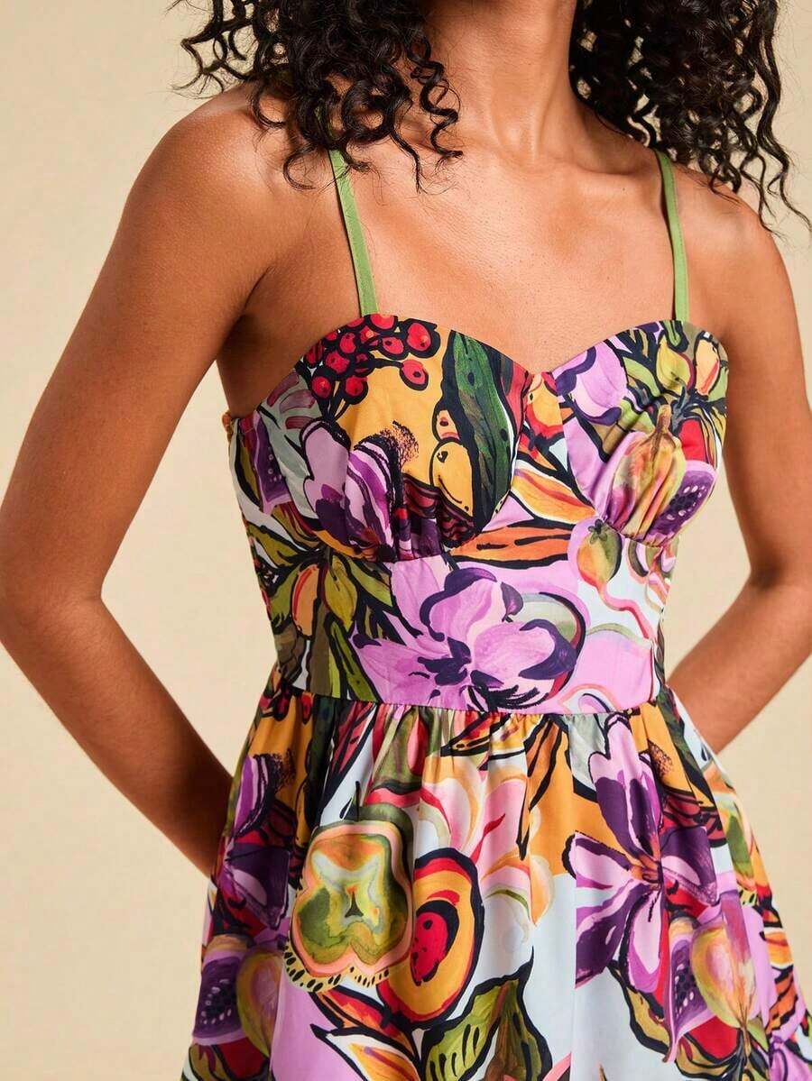Vestido corto de verano con tirantes de espagueti y estampado de gasa para mujeres - Multicolor 4 - Ver 1