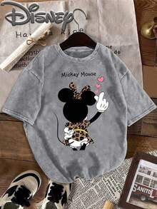 Disney Cartoon Print Oversized Vintage Washed T Shirt With  Design Letter M Shape  Leopard Print Minnie Streetwear 2026 Spring Summer Retro Fashion Must Have Crew Neck Tee - Grey - View 2