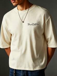 Lonblece Camiseta de manga corta con bordado y estampado anti-puñalada pintada a mano para hombres, adecuada para primavera y verano - Caqui - Ver 3