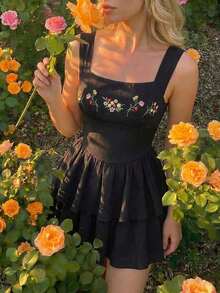 MOD Vestido mini de mujer con cintura ceñida, doble capa y bordado floral - Negro - Ver 2
